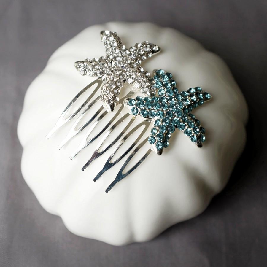 زفاف - Bridal Aqua Blue Rhinestone Hair Comb Wedding Crystal Starfish Hair Clip Wedding Hair Accessories Beach Wedding Jewelry CM095LX