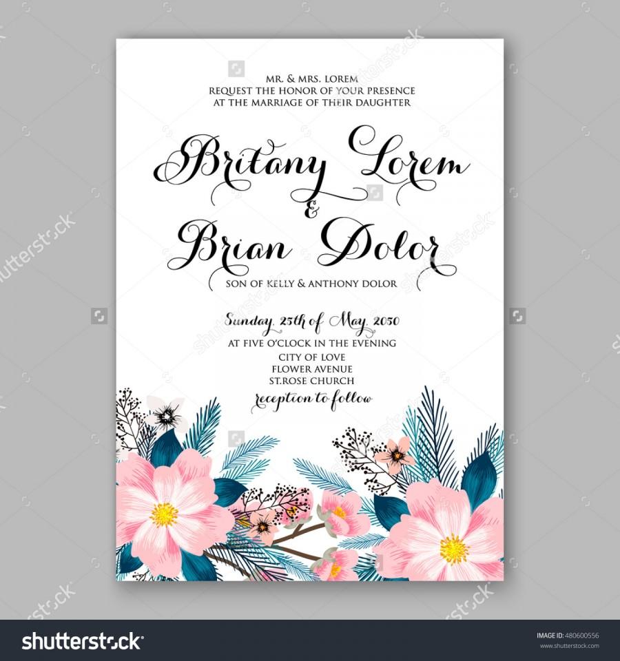 زفاف - Romantic pink peony bouquet bride wedding invitation template design. Winter Christmas wreath of pink flowers and pine and fir branches. Ribbon
