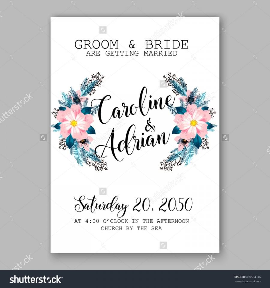 زفاف - Romantic pink peony bouquet bride wedding invitation template design. Winter Christmas wreath of pink flowers and pine and fir branches. Ribbon