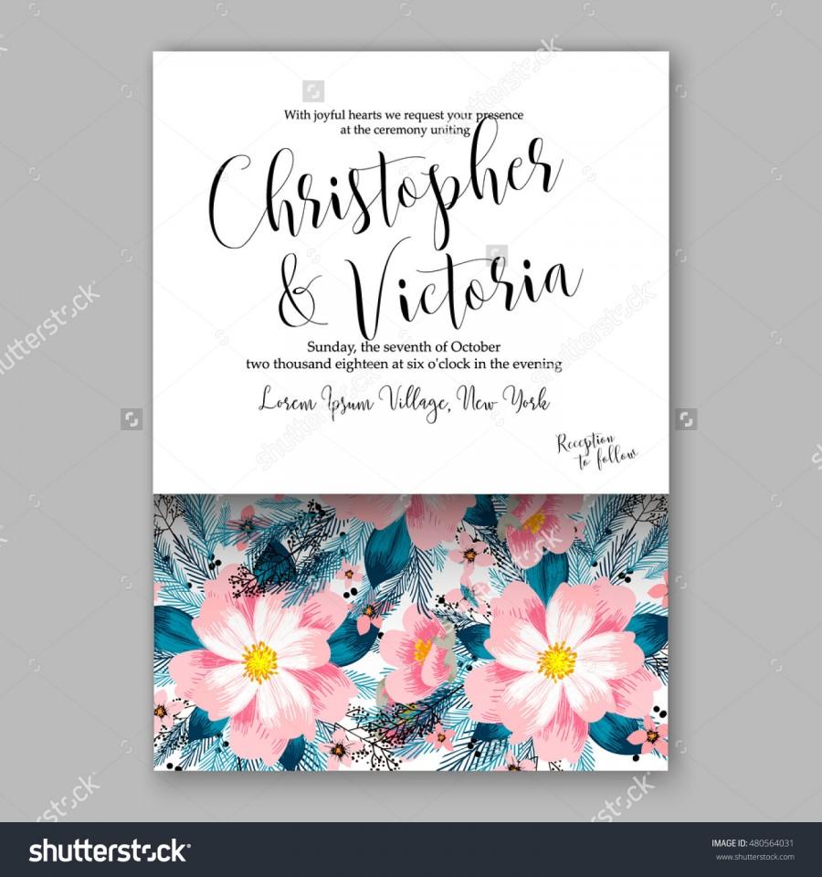 Mariage - Romantic pink peony bouquet bride wedding invitation template design. Winter Christmas wreath of pink flowers and pine and fir branches. Ribbon