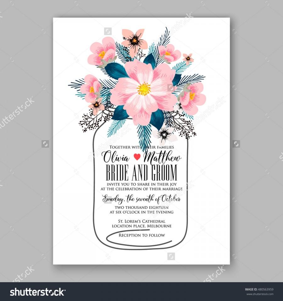زفاف - Romantic pink peony bouquet bride wedding invitation template design. Winter Christmas wreath of pink flowers and pine and fir branches. Ribbon mason jar