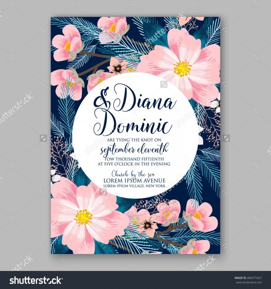 Wedding - Romantic pink peony bouquet bride wedding invitation template design. Winter Christmas wreath of pink flowers and pine and fir branches.