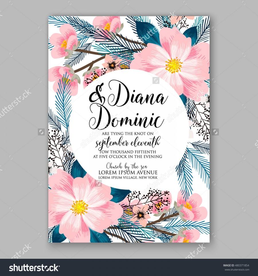 Свадьба - Romantic pink peony bouquet bride wedding invitation template design. Winter Christmas wreath of pink flowers and pine and fir branches.