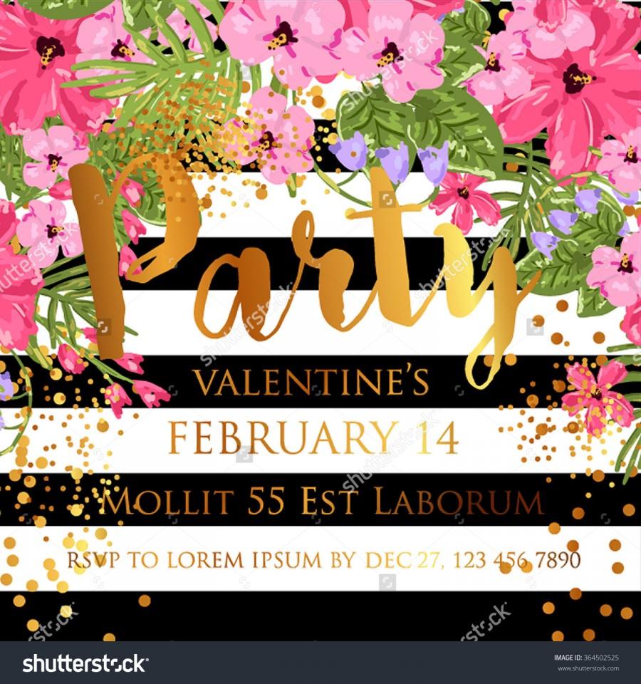 Wedding - Exotic tropical flowers on striped background for the holiday Valentine's Day. Gold lettering handwriting. Invitation to a party