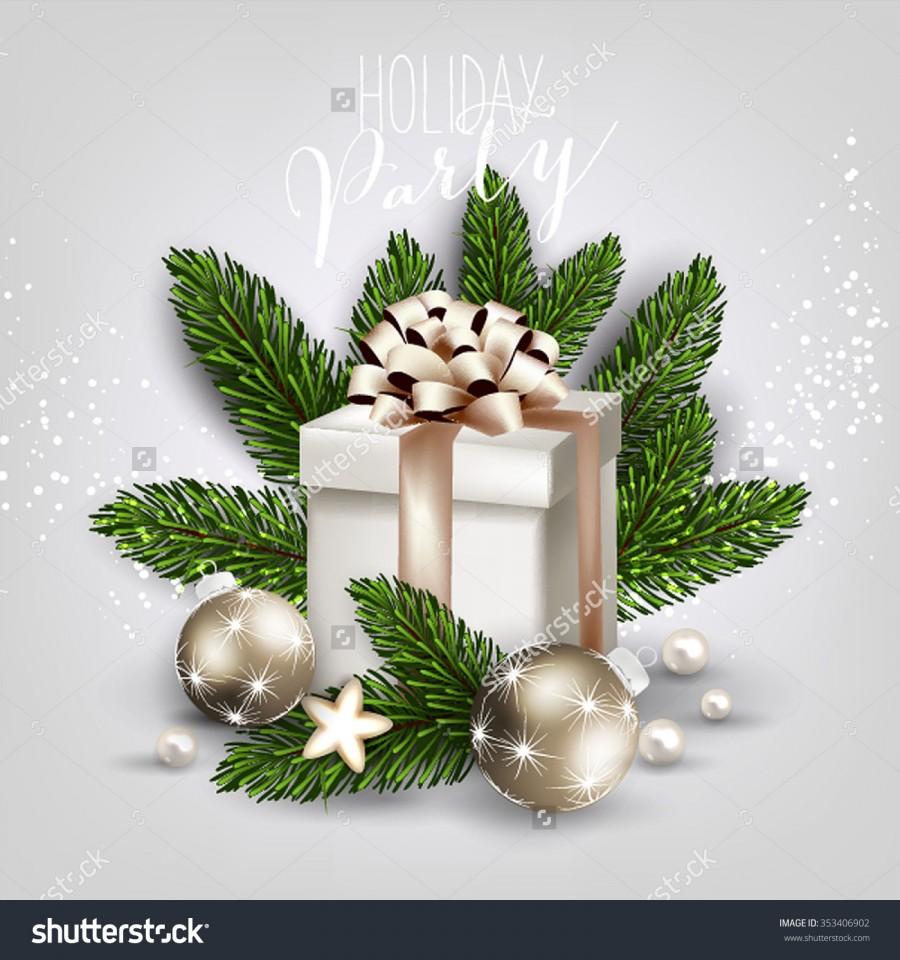Wedding - Christmas party invitation with fir branch, Bow, gift box and Stars. Merry Christmas and Happy New Year Card Xmas Decorations. Blur Snowflakes. Vector.