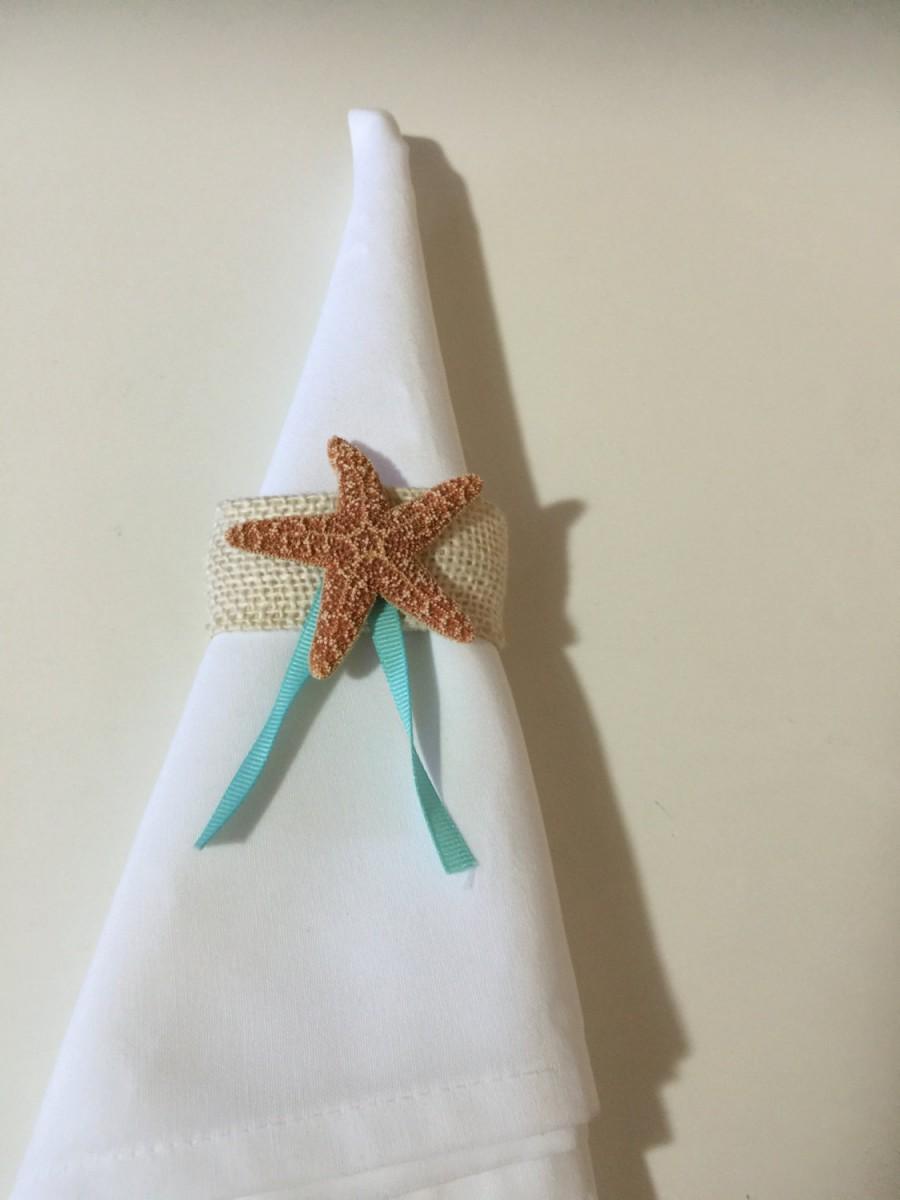 Hochzeit - Burlap starfish napkin rings set of 6, Wedding Table Setting, Reception Decor, Wedding Decor, Bridal Shower Decor
