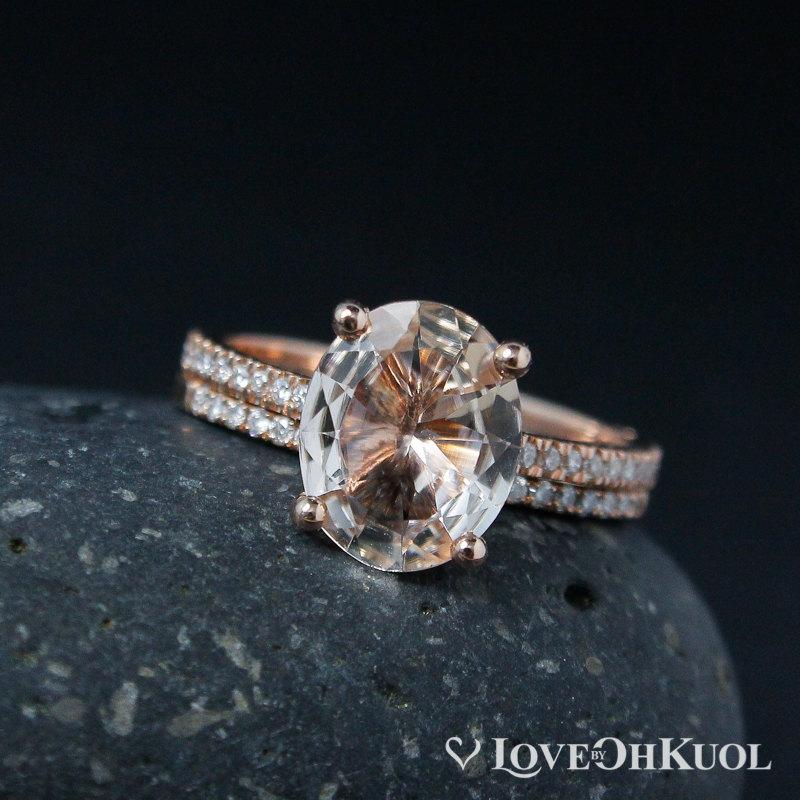 Wedding - Oval Pink Morganite Engagement Ring and Diamond Band Set