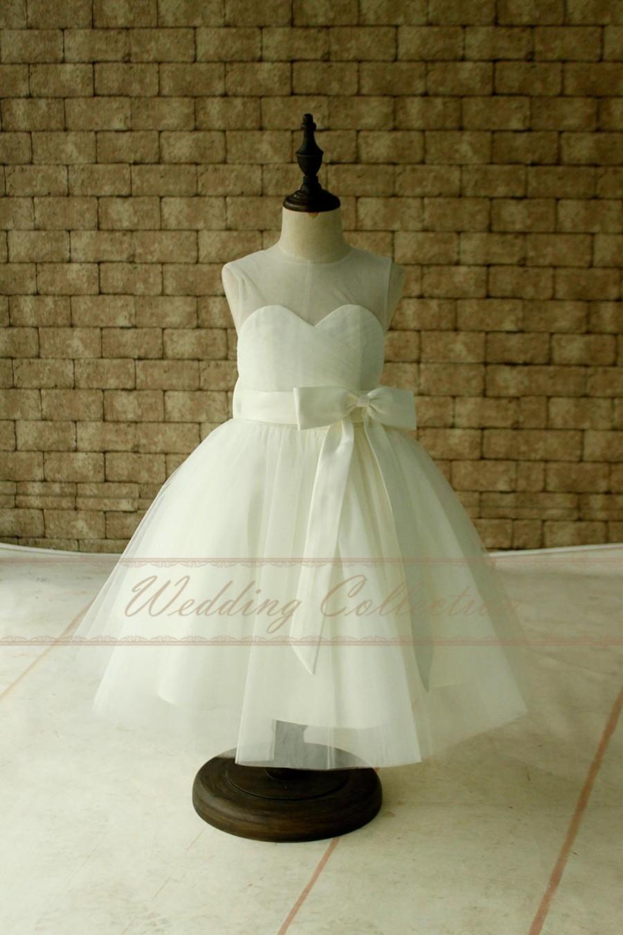 Hochzeit - Ruching Flower Girl Dresses, Tulle Flower Girls Dress With Ruching Girl Dress with Ivory Sash and Bow