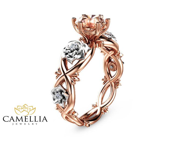 زفاف - Floral Design Morganite Engagement Ring 14K Two Tone Gold Flower Ring Unique Morganite Engagement Ring Art Deco Styled Wedding Ring