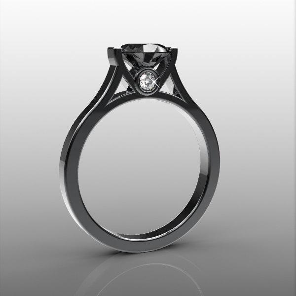 زفاف - 14k black gold engagement ring, 1.25CT 7mm round natural black onyx and two 2mm white diamonds(G-H/VS-SI), AKR-471