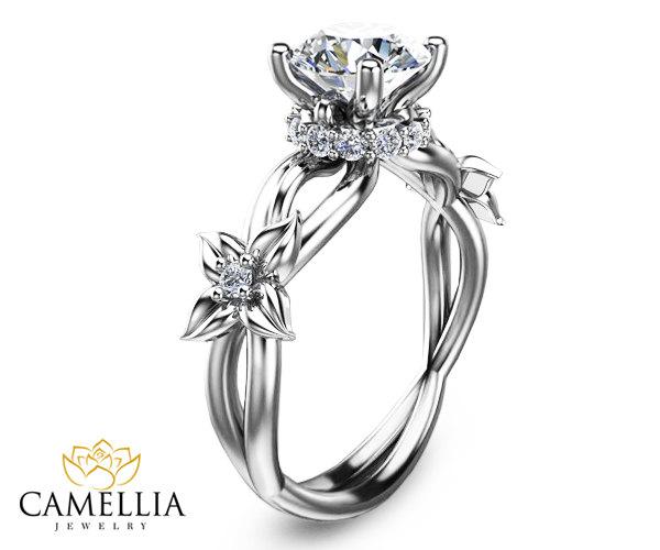 Свадьба - 18K Solid White Gold Diamond Ring,Round Cut Diamond Ring Leaf Ring Diamond Engagment Ring Promise Rings GIA Certified Uniqe Diamond Rings