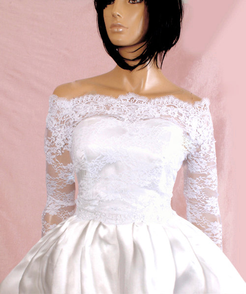 Mariage - Bridal  Off-Shoulder / French Lace wedding jacket/ Bolero shrug/  jacket /bridal lace top