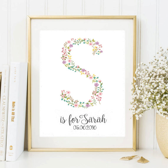 Wedding - Sarah Name Art Print - S Floral Nursery Monogram - Floral Nursery Printable - Nursery Wall Art