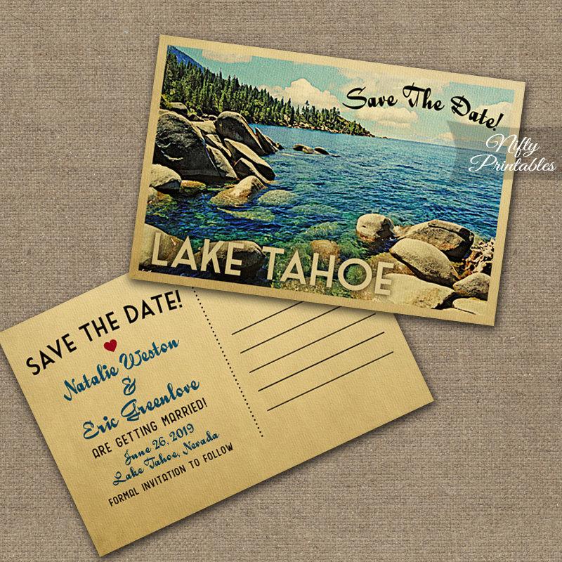 Hochzeit - Lake Tahoe Save The Date Postcards - Vintage Destination Wedding Save The Date Postcard - Printable Lake Tahoe Wedding Save The Date VTW