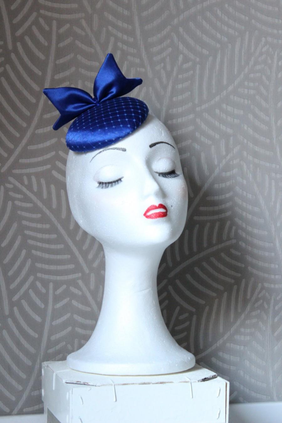 Hochzeit - Royal Blue Fascinator with bow,Cocktail hat, mini royal blue hat, Wedding mini hat, Satin Hat, Veil Hat, small blue hat for wedding, 