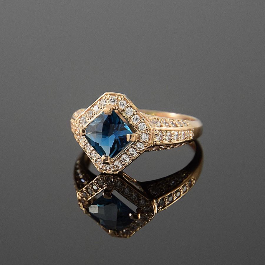 Mariage - Gold ring, Topaz ring, Anniversary ring, Halo ring, London Blue Topaz, Women ring, Square ring, Sparkly ring, Art deco ring, Gift for her