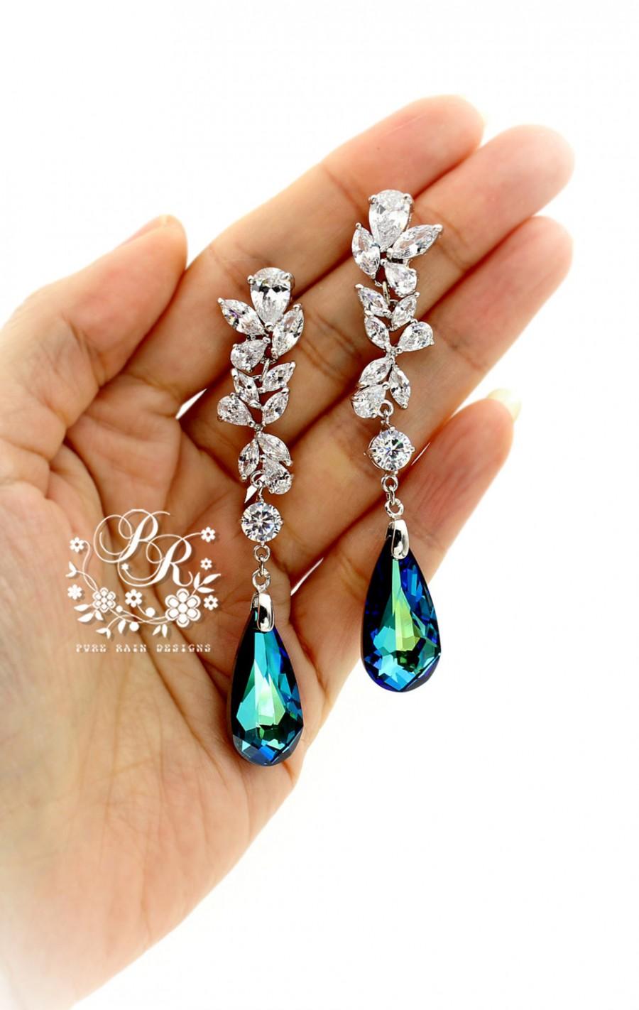 Mariage - Wedding earrings Swarovski Bermuda Blue pendant Something Blue Zirconia Rhinestone earrings wedding jewelry Accessory Bridal Sasa