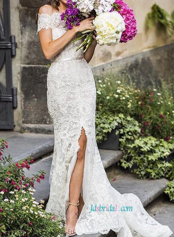 زفاف - Romantic lace off shoulder sheath slit wedding dress