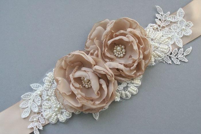 زفاف - Custom Order for Laura - Tan Flowers Embroidered Lace Sash