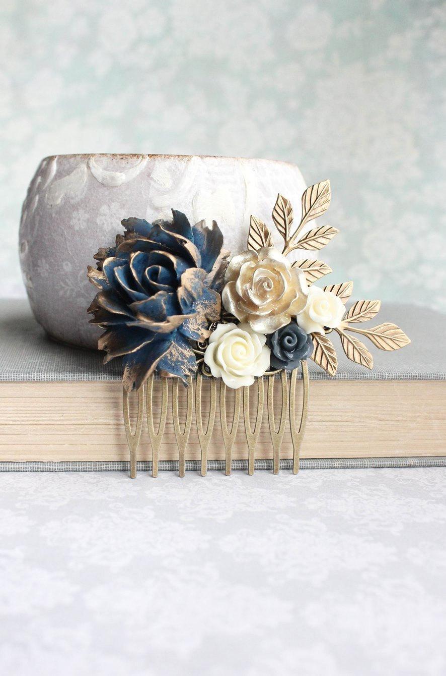 Свадьба - Floral Hair Piece Navy and Gold Wedding Bridal Hair Comb Vintage Style Antique Gold Branch Flowers for Hair Bridesmaids Gift Something Blue