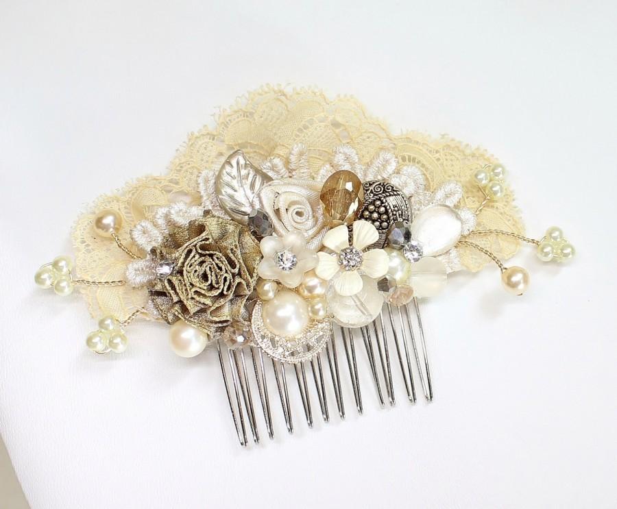 Wedding - Ivory & Gold Hair Comb- Gold Bridal Hair piece- Gold Bridal Hair clip-Pearl Bridal hairpiece- Vintage Inspired Bridal Hair Comb - Fascinator