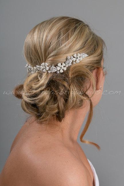 Wedding - Bridal Hair Vine, Pearl Flower Hair Comb, Rhinestone Leaf Headpiece, Wedding Hair Accessory - Madeleine