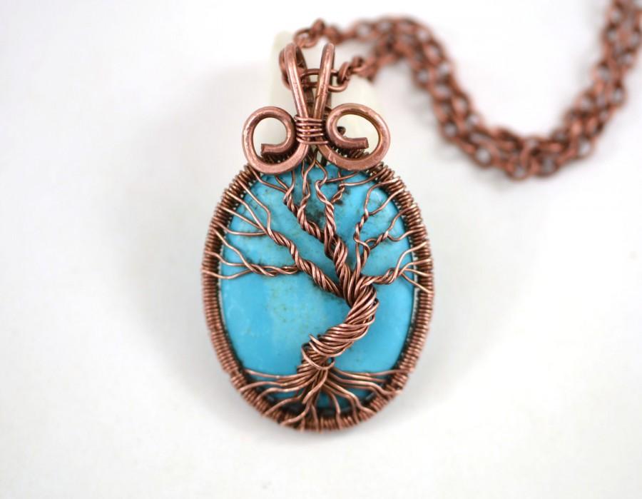 Свадьба - Blue Turquoise Tree-Of-Life Pendant Wired Copper Necklace Wire Wrapped Large Stone Pendant Turquoise Rustic Necklace  December Birthstone