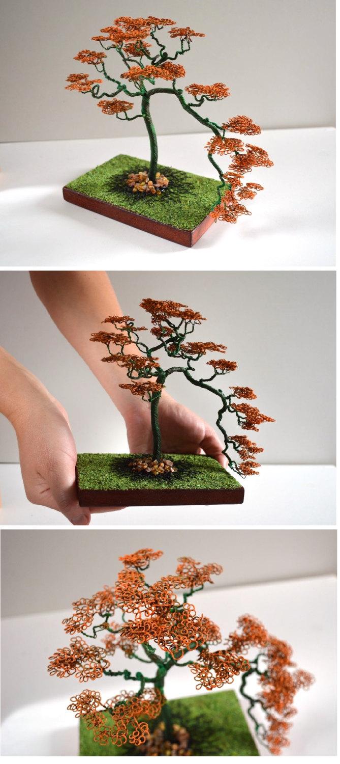 Mariage - bonsai tree made of copper wires with amber and moss