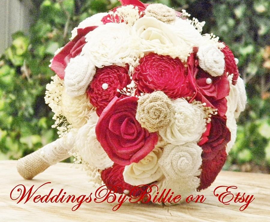 Wedding - Fall Bouquets, Burlap Lace, Red Sola Bouquet, Red Bouquet,Alternative BouquetRustic Shabby Chic ,Bridal Accessories,Keepsake Bouquet Sola