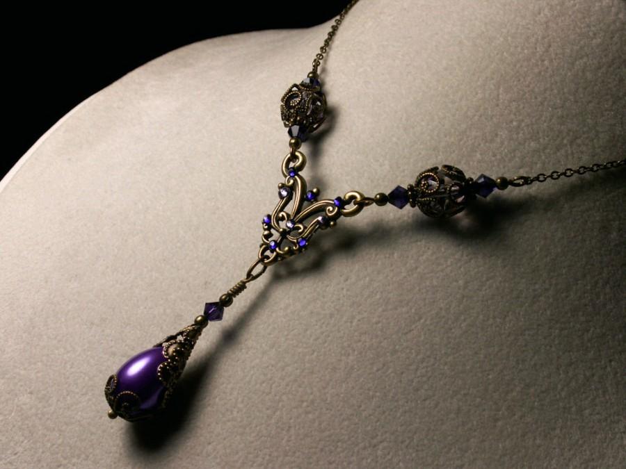 Mariage - Orchid Purple Victorian Pearl Necklace, Crystal Teardrop Choker Antiqued Brass Filigree Titanic Temptations Vintage Steampunk Bridal Jewelry