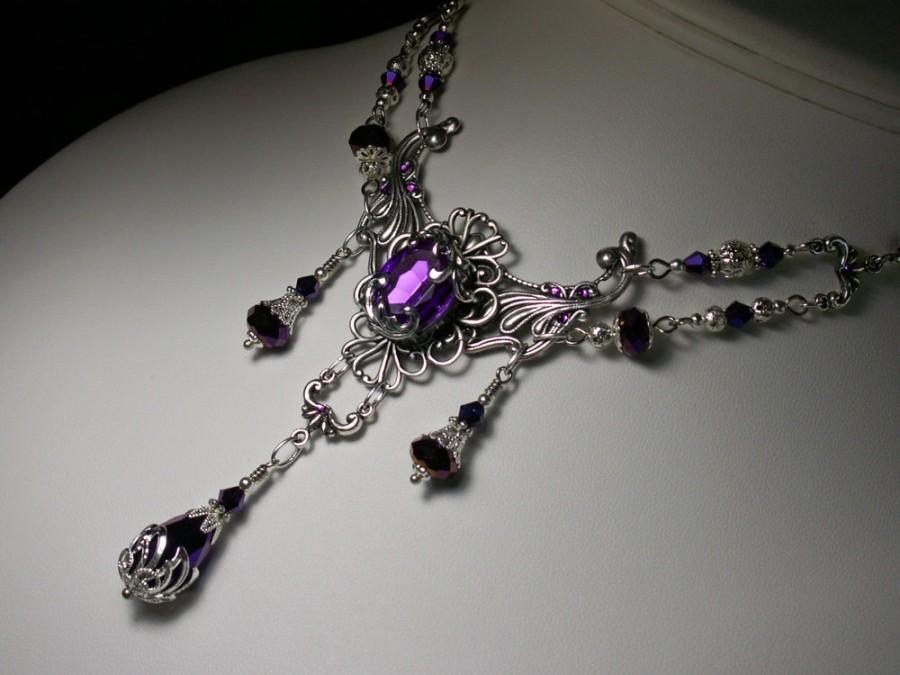 Mariage - Metallic Amethyst Purple Crystal Drop Victorian Bridal Choker Necklace Antique Silver Filigree Titanic Temptations Vintage Steampunk Jewelry