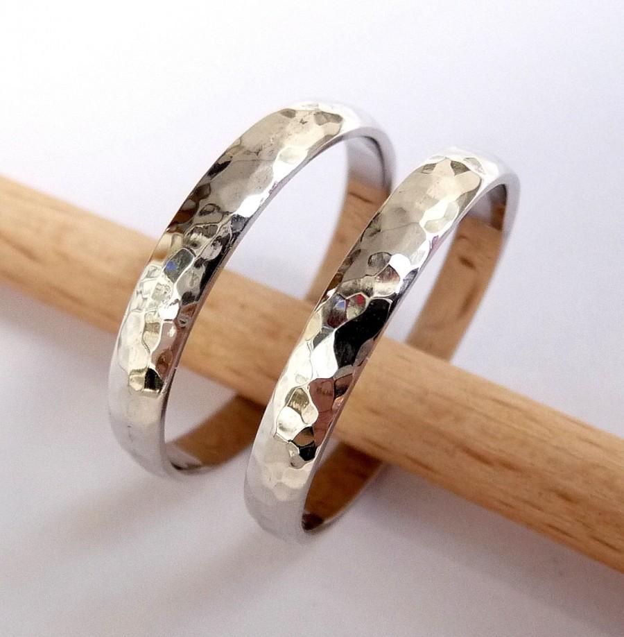 زفاف - Wedding band set white gold women's men's Wedding ring set 3mm wide by 1.2mm thick hammered shiny