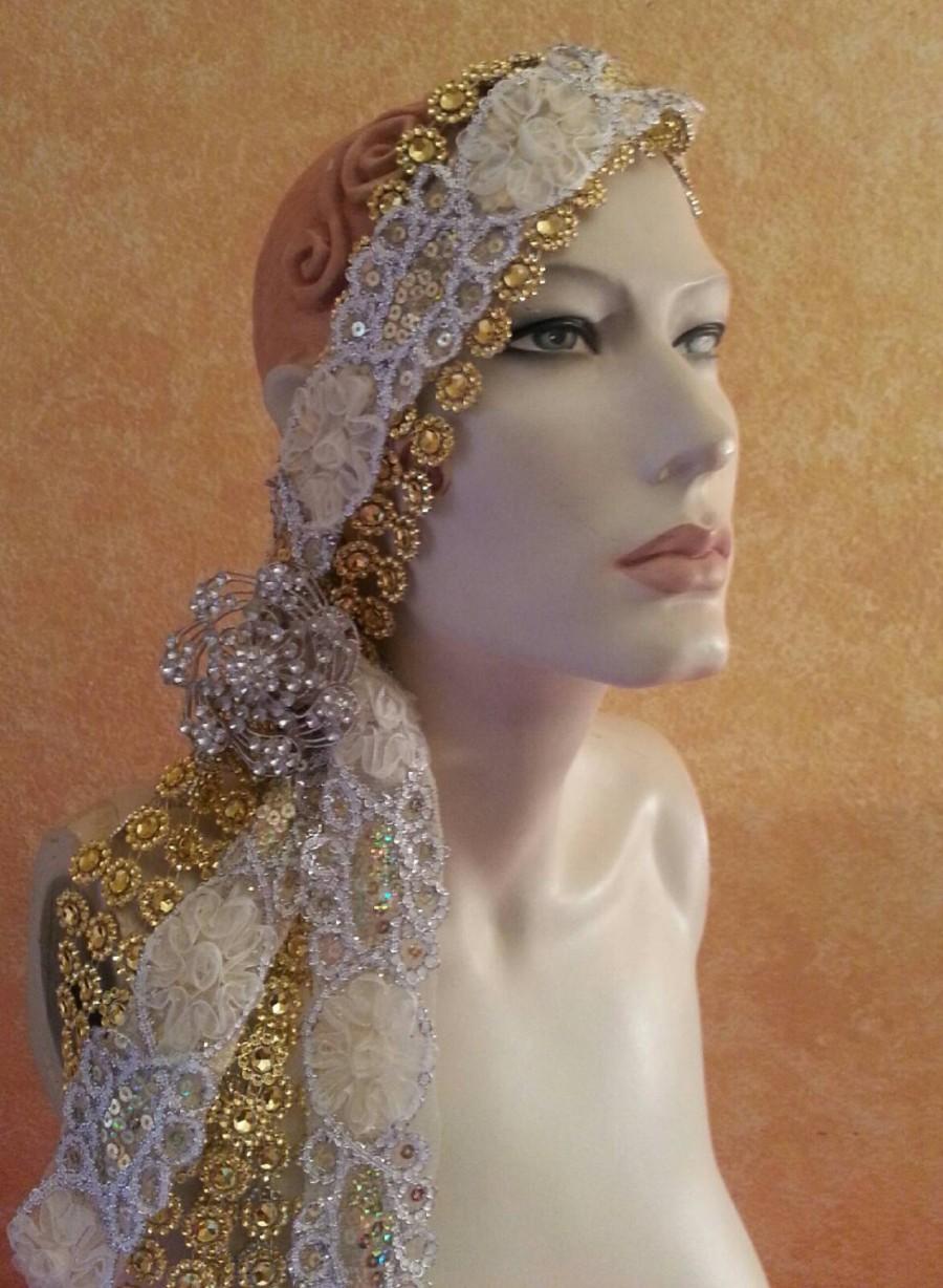 Mariage - Gatsby Goddess Gold Ivory Silver Illusion Jewel Mesh Sequin Rhinestone Crystal Brooch Bridal Headpiece Wedding Party Costume Bohemian Gypsy