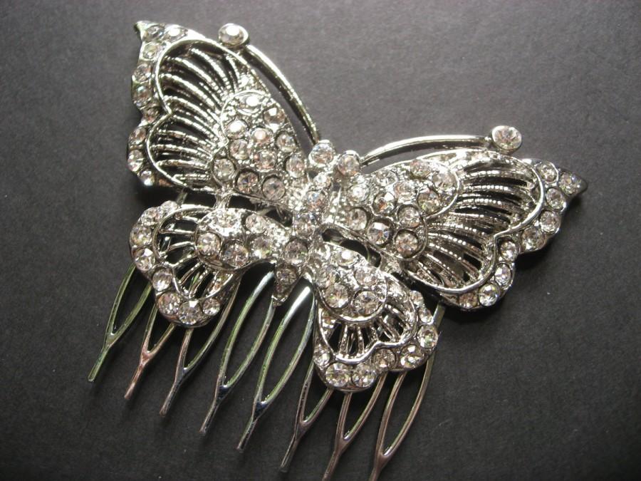 Wedding - Butterfly Bridal Wedding Bridesmaids Gift Glass Rhinestone Crystals Hair Comb, Bridal Comb