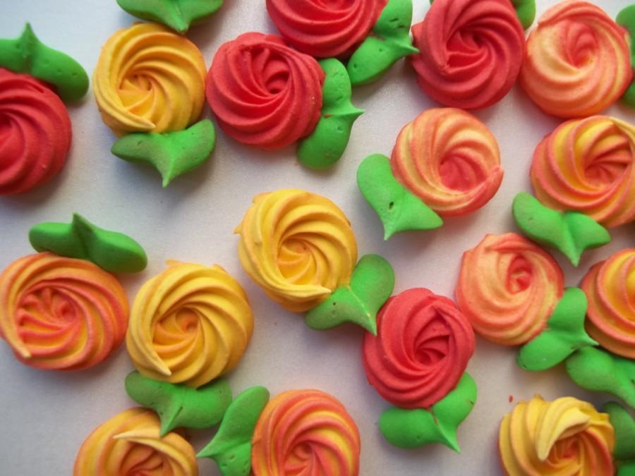 Wedding - Fall colors royal icing rosettes with attached leaves  -- Cake decorations cupcake toppers fall autumn (24 pieces)