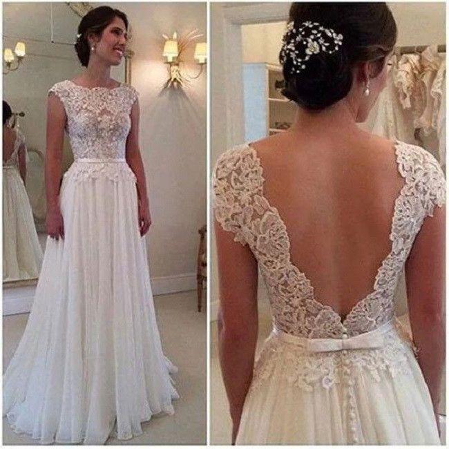 Mariage - A-line Floor Length Lace Appliqued Cap Sleeves Ivory Chiffon Beach Wedding Dresses