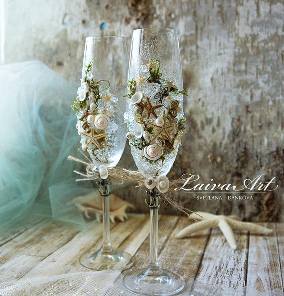 Hochzeit - Beach Wedding Champagne Flutes Wedding Champagne Glasses Wedding Toasting Flutes