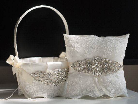 Mariage - Ivory Flower girl basket and ring bearer pillow set  Wedding basket and wedding pillow set with rhinestones applique   wedding sash belt