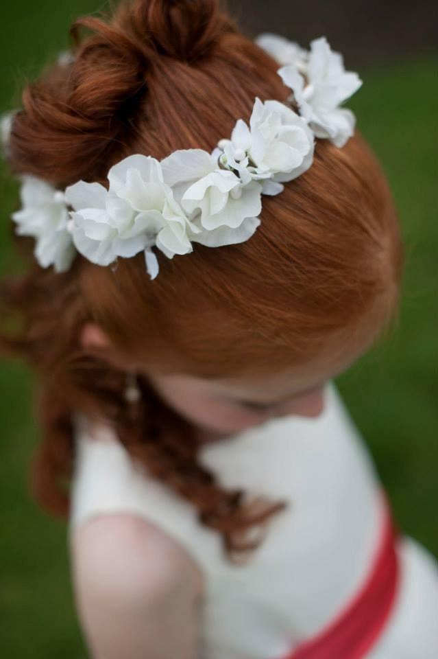 Mariage - Flower Girl, White Sweet Pea Flower Girl or first communion hair wreath, halo, flower crown, wedding piece, bridal floral hair  accessory.