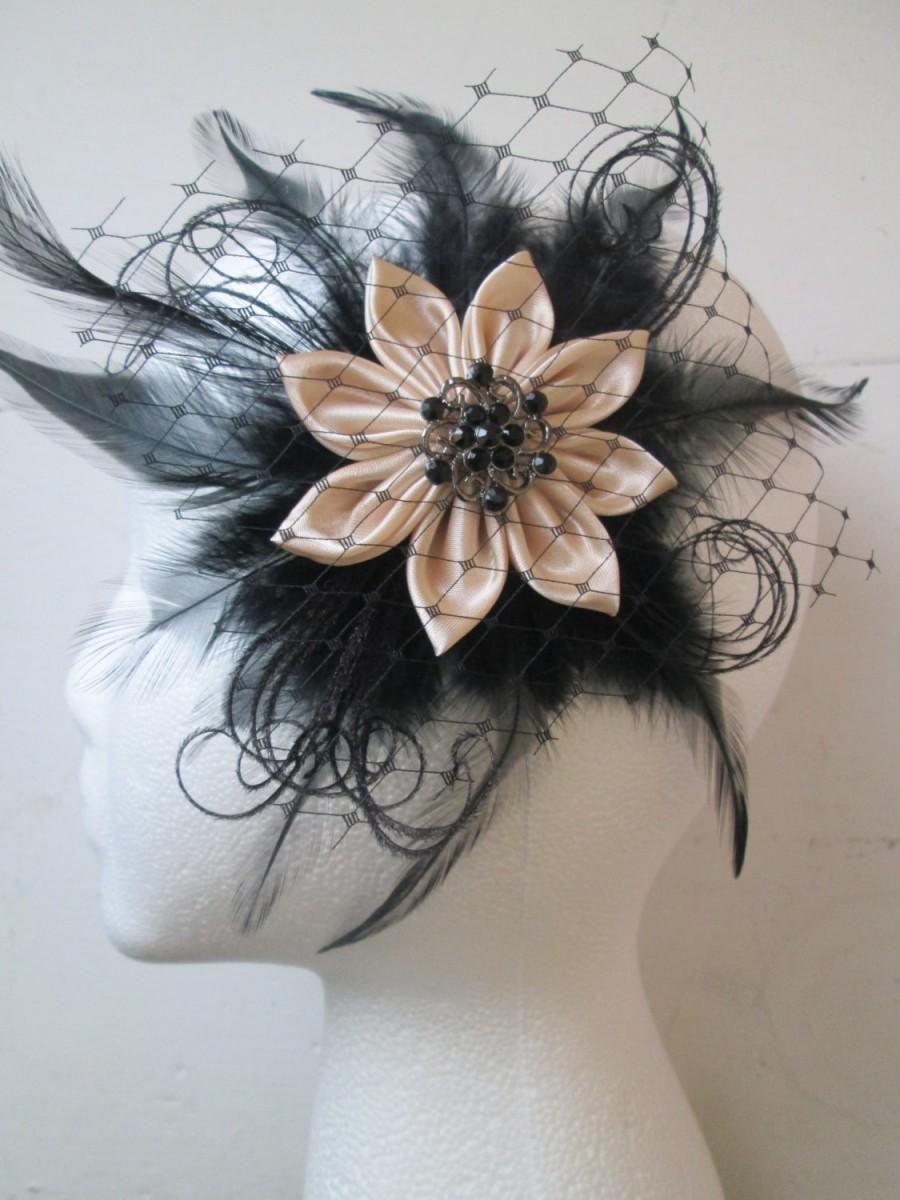 Wedding - Black & Nude Feather Wedding Fascinator, Champagne and Black Bridal Hair Clip, Beige Flower Head Piece, Birdcage Veil, Steampunk Bride