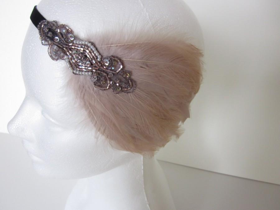زفاف - BEIGE FEATHER Headpiece, Flapper dress, Anne 20, 1920s headpiece, flapper dress, roaring 20s dress, Annees 20, 1920s headband