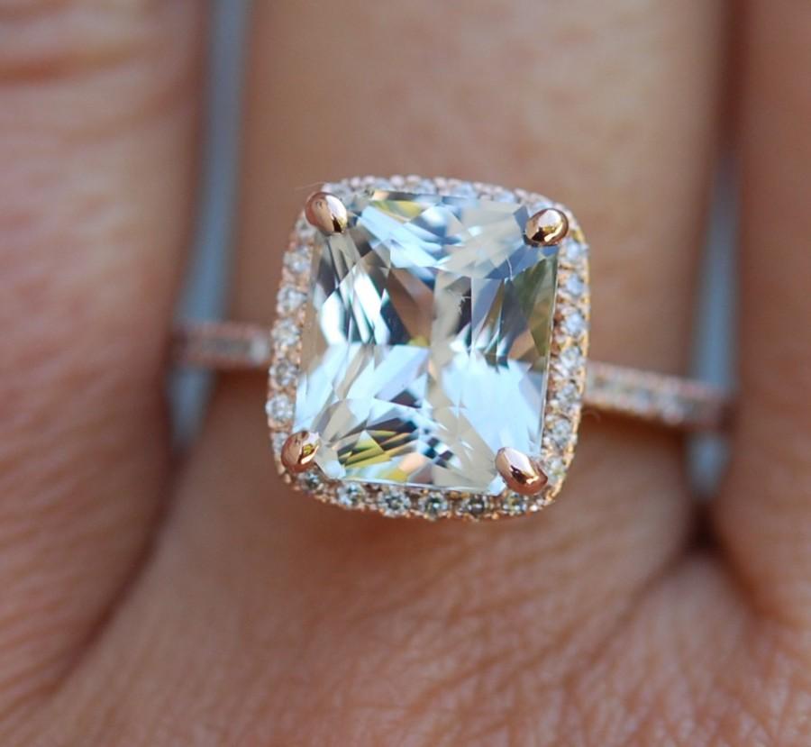 زفاف - Radiant cut sapphire ring. White Sapphire Engagement Ring. Square 14k rose gold diamond ring 4.14ct sapphire ring..