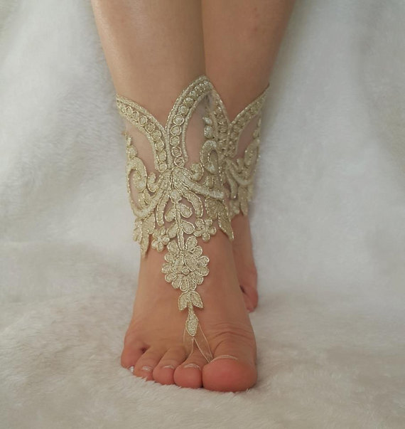 Hochzeit - cappuccino gold frame beach wedding sandals steampunk foot accessory anklet country wedding barefeet bellydance free ship bridesmaid gift