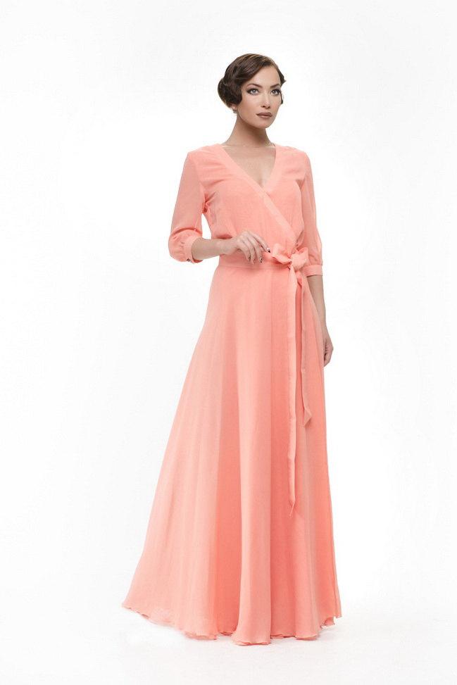 Mariage - Light pink long dress, Chiffon prom dress, Blush pink Maxi dress, Evening dress with long sleeves, long summer dress, Peach bridesmaid dress