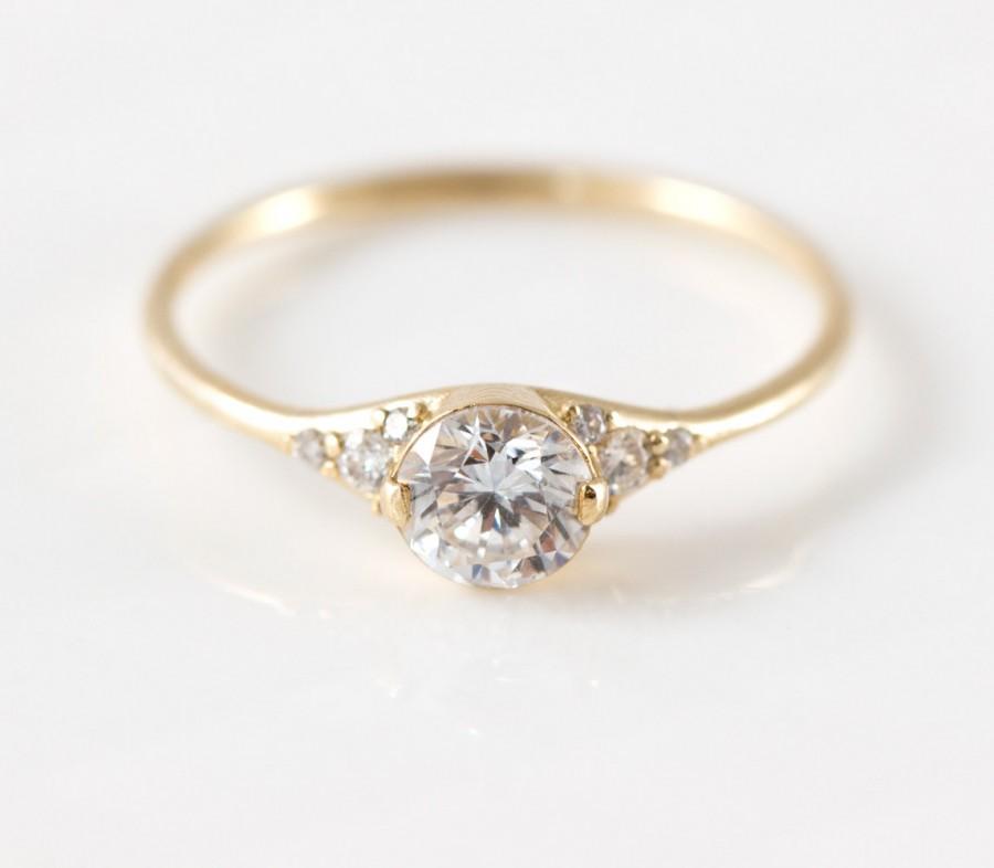 زفاف - Lady's Slipper Diamond Engagement Ring // Delicate Diamond Ring with Side Diamonds / 14k Yellow Gold White Diamond Ring / Delicate Ring