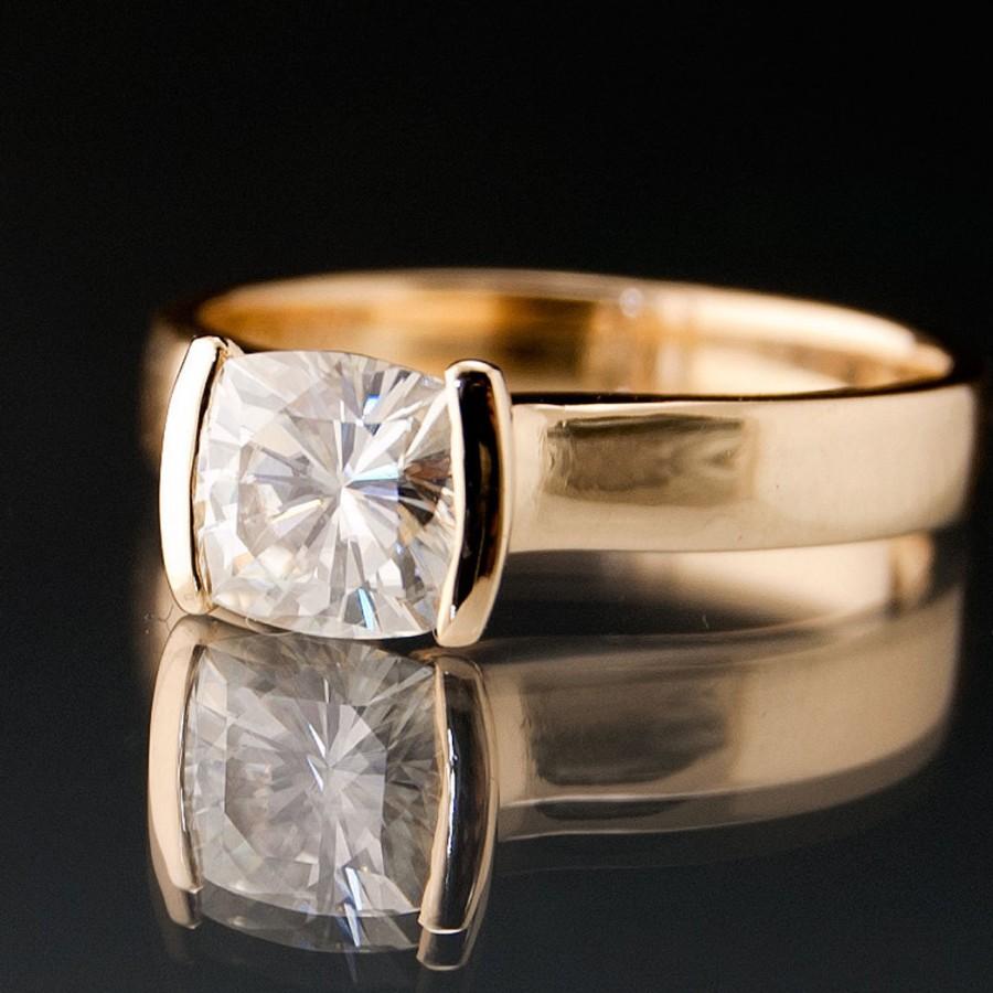 Hochzeit - Modified Tension Set Cushion Cut Moissanite Solitaire Engagement Ring 14K Gold - Alternative Engagement Ring, Forever Brilliant Mioissanite