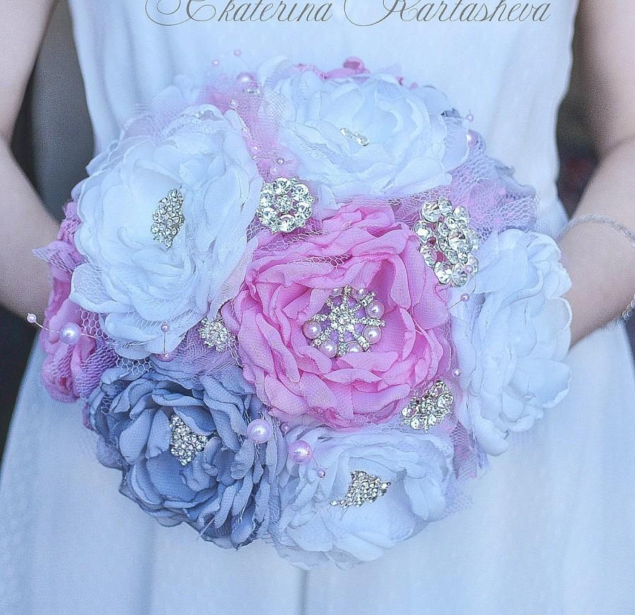 Wedding - Brooch Bouquet, Wedding Bouquet, Fabric Bouquet, Bridal Bouquet, Pink and Grey Bouquet, Vintage Wedding.