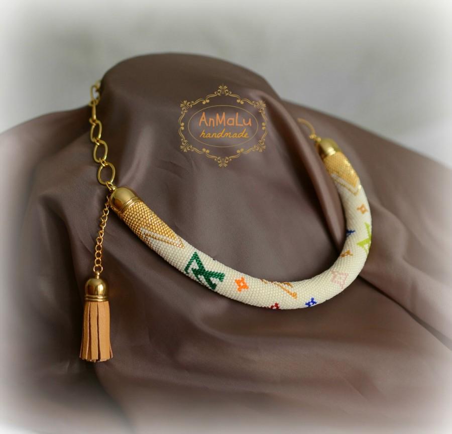 زفاف - Beaded crochet necklace • yellow, beige, gold • Choker • Сrochet rope • Beadwork necklace • Office style • Fashion style • Seedbead necklace