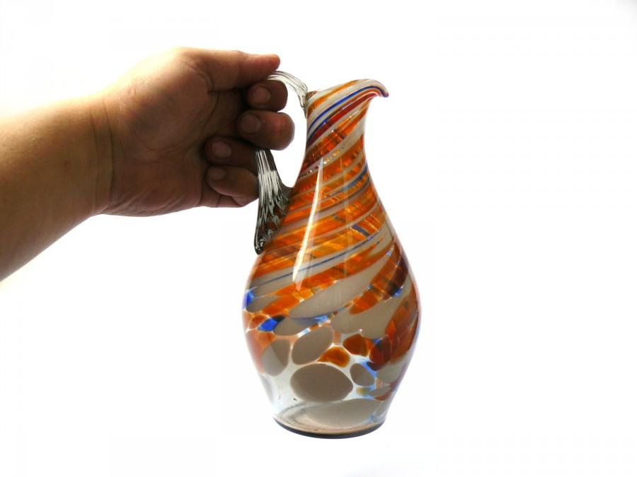 Hochzeit - Vintage Soviet Pitcher, red Vintage Glass Jug, red Glass Pitcher, Jug orange glass decanter with handle, soviet glass vase with handle