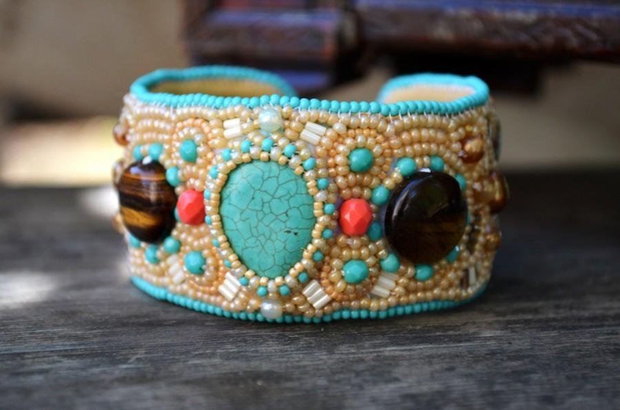 Hochzeit - Turquoise and tigers eye Bead embroidery bracelet Beadwork cuff bracelet Tiger eye cuff Wide bracelet gift Trendy Neutrals Gift idea for her